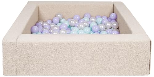 Velinda Bällebad Bällepool Bällebecken Spielbecken Kinderpool Quadrat Bouclé 300 Bälle (Farbe: perlweiß, violett, Mint) von Velinda