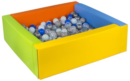 Velinda Bällebad Bällepool Bällebecken Spielbecken Kinderpool quadratisch 200 Bälle (Farbe des Pools/der Bälle: gelb, grün, blau, orange/transparent, blau, grau, silberfarben, blau (Pastell)) von Velinda