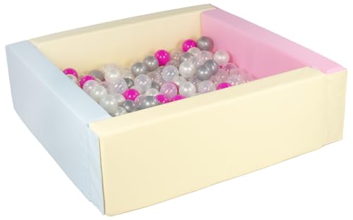 Velinda Bällebad Bällepool Bällebecken Spielbecken Kinderpool quadratisch 200 Bälle (Farbe des Pools/der Bälle: pink, blau, gelb (Pastell)/perlweiß, transparent, pink, silberfarben) von Velinda