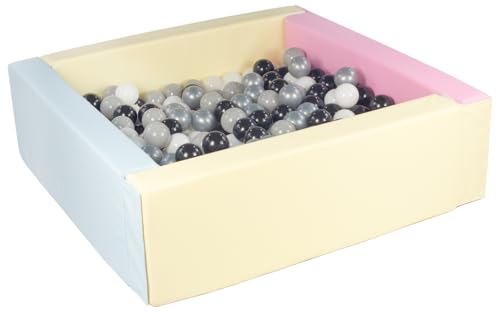 Velinda Bällebad Bällepool Bällebecken Spielbecken Kinderpool quadratisch 200 Bälle (Farbe des Pools/der Bälle: pink, blau, gelb (Pastell)/schwarz, weiß, grau, silberfarben) von Velinda