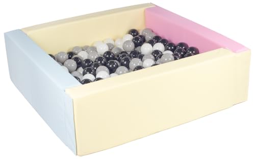 Velinda Bällebad Bällepool Bällebecken Spielbecken Kinderpool quadratisch 200 Bälle (Farbe des Pools/der Bälle: pink, blau, gelb (Pastell)/schwarz,weiß,grau) von Velinda