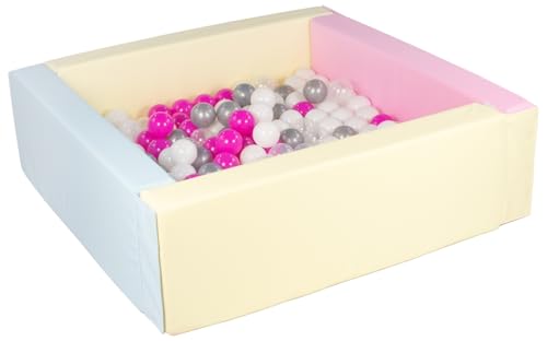 Velinda Bällebad Bällepool Bällebecken Spielbecken Kinderpool quadratisch 200 Bälle (Farbe des Pools/der Bälle: pink, blau, gelb (Pastell)/weiß, transparent, pink, silberfarben) von Velinda