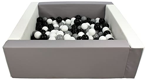 Velinda Bällebad Bällepool Bällebecken Spielbecken Kinderpool quadratisch 200 Bälle (Farbe des Pools/der Bälle: weiß, grau/schwarz, weiß, grau) von Velinda
