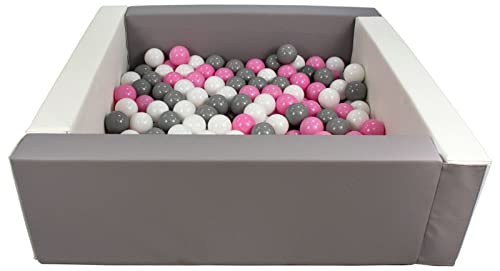 Velinda Bällebad Bällepool Bällebecken Spielbecken Kinderpool quadratisch 200 Bälle (Farbe des Pools/der Bälle: weiß, grau/weiß, rosa, grau) von Velinda
