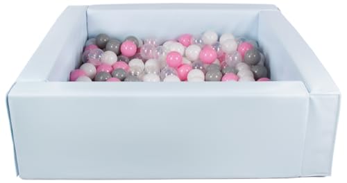 Velinda Bällebad Bällepool Bällebecken Spielbecken Kinderpool quadratisch 300 Bälle (Farbe des Pools/der Bälle: blau (Pastell)/weiß, transparent, rosa, grau) von Velinda