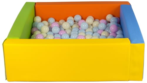 Velinda Bällebad Bällepool Bällebecken Spielbecken Kinderpool quadratisch 300 Bälle (Farbe des Pools/der Bälle: gelb, grün, blau, orange/pink, blau, gelb (Pastell)) von Velinda