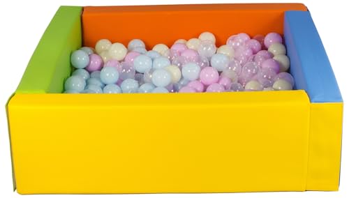 Velinda Bällebad Bällepool Bällebecken Spielbecken Kinderpool quadratisch 300 Bälle (Farbe des Pools/der Bälle: gelb, grün, blau, orange/transparent, pink (Pastell), blau (Pastell), gelb (Pastell)) von Velinda