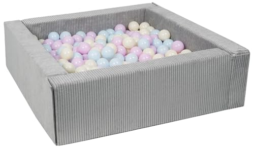 Velinda Bällebad Bällepool Bällebecken Spielbecken Kinderpool quadratisch 300 Bälle (Farbe des Pools/der Bälle: grau (Cord)/pink, blau, gelb (Pastell)) von Velinda