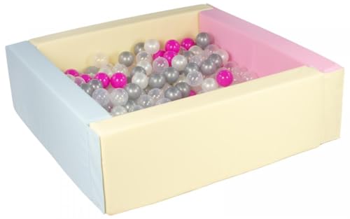 Velinda Bällebad Bällepool Bällebecken Spielbecken Kinderpool quadratisch 300 Bälle (Farbe des Pools/der Bälle: pink, blau, gelb (Pastell)/perlweiß, transparent, pink, silberfarben) von Velinda