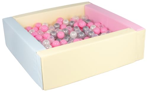 Velinda Bällebad Bällepool Bällebecken Spielbecken Kinderpool quadratisch 300 Bälle (Farbe des Pools/der Bälle: pink, blau, gelb (Pastell)/perlweiß, transparent, rosa, silberfarben) von Velinda