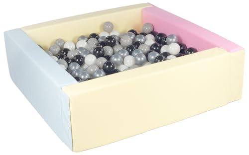 Velinda Bällebad Bällepool Bällebecken Spielbecken Kinderpool quadratisch 300 Bälle (Farbe des Pools/der Bälle: pink, blau, gelb (Pastell)/schwarz, weiß, grau, silberfarben) von Velinda