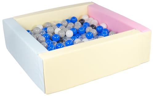 Velinda Bällebad Bällepool Bällebecken Spielbecken Kinderpool quadratisch 300 Bälle (Farbe des Pools/der Bälle: pink, blau, gelb (Pastell)/schwarz, weiß, transparent, blau, grau) von Velinda