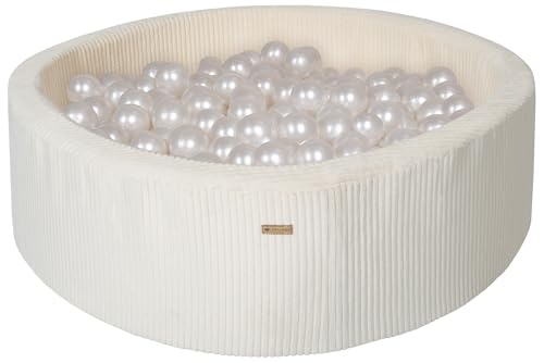 Velinda Bällebad Bällepool Bällebecken Spielbecken Kordsamt-Bezug 200 Bälle rund ⌀90 cm (Farbe des Pools/der Bälle: cremefarben/perlweiß) von Velinda