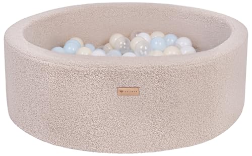 Velinda Bällebad Ballpool Kugelbad Bällchenbad Bällchenpool Pool Bouclé mit 200 Bällen (Farbe des Pools/der Bälle: cappuccinofarben/weiß, transparent, blau, gelb (Pastell)) von Velinda