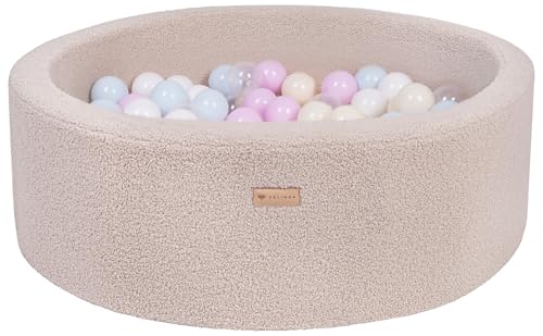 Velinda Bällebad Ballpool Kugelbad Bällchenbad Bällchenpool Pool Bouclé mit 200 Bällen (Farbe des Pools/der Bälle: cappuccinofarben/weiß, transparent, pink, blau, gelb (Pastell)) von Velinda
