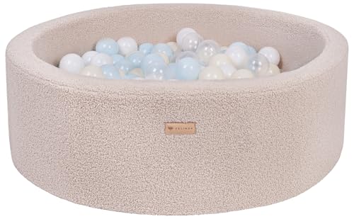 Velinda Bällebad Ballpool Kugelbad Bällchenbad Bällchenpool Pool Bouclé mit 300 Bällen (Farbe des Pools/der Bälle: cappuccinofarben/weiß, transparent, blau (Pastell), gelb (Pastell)) von Velinda