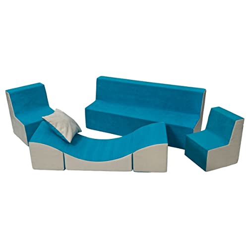 Velinda Kindersitzgruppe: 2xKinderstuhl+Sitzbank+Liegestuhl Kinderzimmermöbel Spiel-Set (Farbe: blau-beige) von Velinda