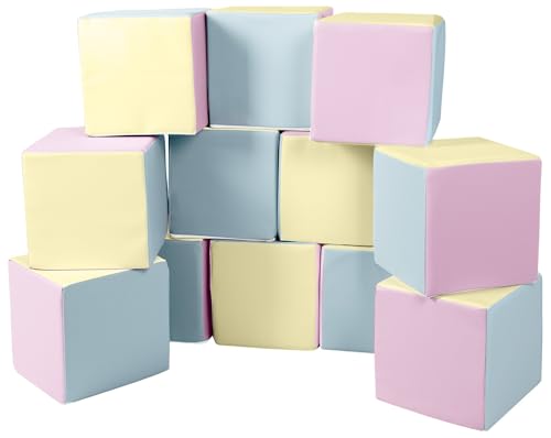 Velinda Würfel-Set 12 Schaumstoffbausteine XXL-Softplay-Bausteine Krippensoftbaustein (Farbe: pink, blau, gelb (Pastell)) von Velinda