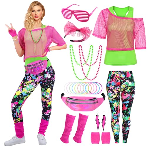 80er 90er Jahre Outfit Damen 20 Stück 80iger Retro Kostüm Off Shoulder Netzshirt Frauen mit Leggins Neon Kleidung Zubehör Set Bauchtasche Ohrring Netzhandschuhe Armband Halskette Bad Taste Outfit 22XL von Velmawig