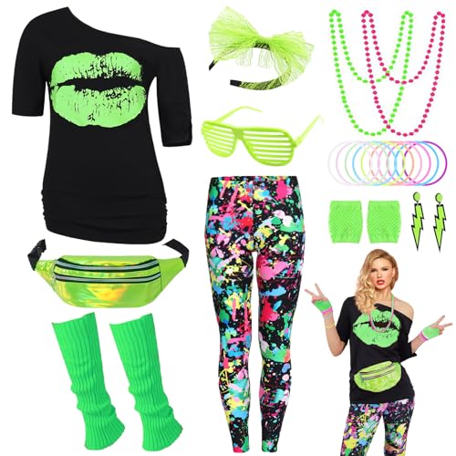 80er Jahre Outfit Damen 80 er Jahre Fasching Kostüm Zubehör Rosa Set mit Bauchtasche Haarband Ohrring Netzhandschuhe Gläser Armband Halskette Leggings Neon Kleidung Bad Taste Outfit Damen VL017XXXL von Velmawig