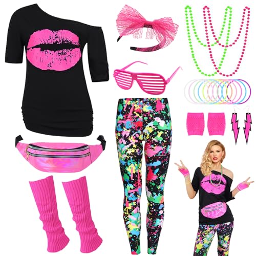 80er Jahre Outfit Damen 80 er Jahre Fasching Kostüm Zubehör Rosa Set mit Bauchtasche Haarband Ohrring Netzhandschuhe Gläser Armband Halskette Leggings Neon Kleidung Bad Taste Outfit Damen VL016S von Velmawig