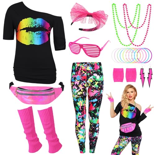 80er Jahre Outfit Damen 80 er Jahre Fasching Kostüm Zubehör Rosa Set mit Bauchtasche Haarband Ohrring Netzhandschuhe Gläser Armband Halskette Leggings Neon Kleidung Bad Taste Outfit Damen VL018XL von Velmawig