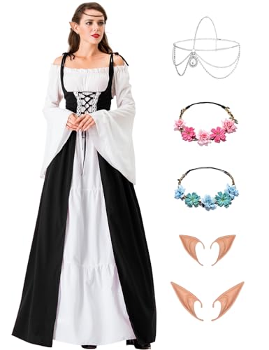Damen Mittelalter Renaissance Kostüme Kleid Gothic Kleidung Steampunk Elfen Piraten Cosplay Karneval Kostüm Vintage Kleider mit mit Elfenohren Haarschmuck Socken für Fasching Halloween VL026XXL von Velmawig