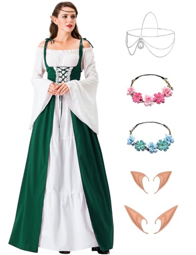 Damen Mittelalter Renaissance Kostüme Kleid Gothic Kleidung Steampunk Elfen Piraten Cosplay Karneval Kostüm Vintage Kleider mit mit Elfenohren Haarschmuck Socken für Fasching Halloween VL027M von Velmawig