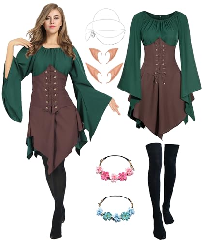 Mittelalter Renaissance Kostüme Kleid Damen Trompetenärmel Gothic Retro Kleidung Karneval Kostüm Piraten Elfen Cosplay Outfit mit Elfenohren Haarschmuck Overknee Socken für Fasching Halloween VL025XXL von Velmawig