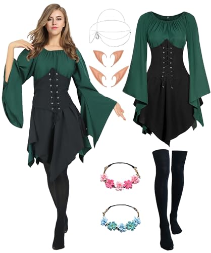 Mittelalter Renaissance Kostüme Kleid Damen Trompetenärmel Gothic Retro Kleidung Karneval Kostüm Piraten Elfen Cosplay Outfit mit Elfenohren Haarschmuck Overknee Socken für Fasching Halloween VL024XXL von Velmawig