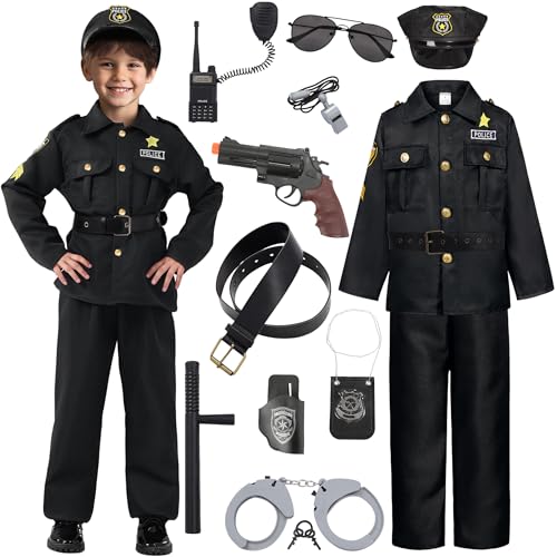 Polizei Kostüm Kinder Polizei Kostüm Jungs Polizei Cosplay Outfit mit Zubehör Faschingskostüme Uniform mit Polizistin Ausrüstung Mütze Handschellen Sonnenbrillen für Karneval Fasching Halloween 023S von Velmawig