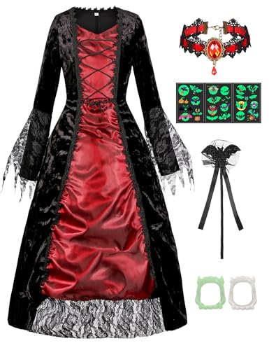 Vampir Kostüm Kinder Mädchen Mittelalterliches Vampirkostüm Kleid Dracula Königin Cosplay Gothic Königliche Outfit Karneval Mottoparty Party with Halsband Rose Aufkleber Zähne Fledermausstab 004XL von Velmawig