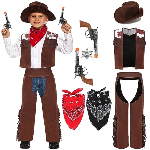 Velmawig Cowboy Kostüm Kinder Deluxe Zubehör Set Western Cowboy Polizei Cosplay Karneval Kostüm mit Sombrero Cowboyhut Weste Halstuch Bandana für Jungen Mädchen Geburtstagsparty Dress Up VL006XXL von Velmawig