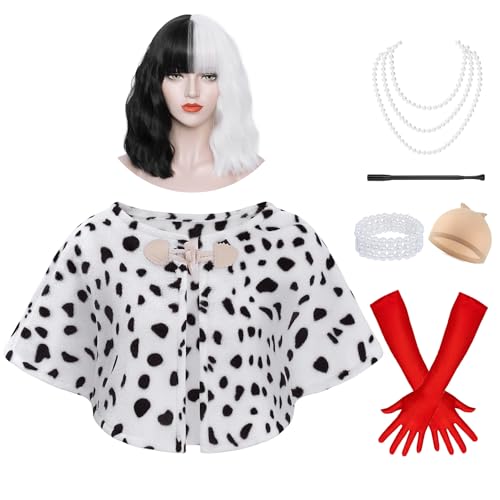 Velmawig Cruella Devil Kostüm Damen Cruella Perücke Schwarz und Weiß Schal für Frauen Halloween Fasching Party Costume VL037 Velmawig Cruella Devil Kostüm Damen Cruella Perücke Schwarz und Weiß Schal für Frauen Halloween Fasching Party Costume VL037 von Velmawig