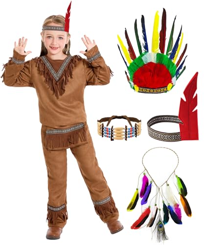 Velmawig Indianer Kostüm Kinder Mädchen Junge Top Hose mit Zubehör Karneval Kostüm Indianer Heimisch Kinder Cosplay Outfit mit Kopfschmuck Choker Halskette für Fasching Halloween Party VL011L von Velmawig