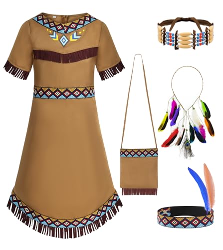 Velmawig Indianer Kostüm Kinder Mädchen Karneval Kostüm Heimisch Indisch Cosplay Outfit mit Zubehör Kopfschmuck Feder Faschingskostüme Kleid für Karneval Fasching Halloween VL012M von Velmawig