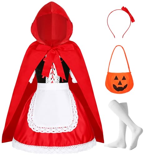 Velmawig Mädchen Rotkäppchen Kostüm Umhang Kinder Little Red Riding Hood Costume Cape Karneval Weihnachten Party Cosplay Outfit mit Schürze Stirnband Socken VL015B von Velmawig