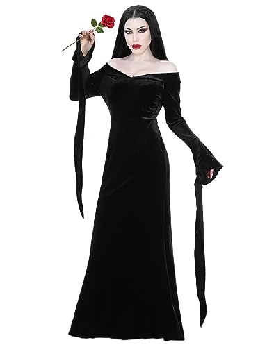 Velmawig Morticia Addams Kostüm Damen Erwachsene Elegante Gothic Vintage Off Shoulder Kleid für Addams Familie Hexenkostüm Cosplay mit Rose Zubehör für Karneval Thema Party tägliche Kleidung VL013XL von Velmawig