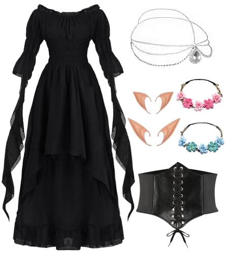 Viktorianisches Gothic Kleider Damen Mittelalter Kleidung Renaissance Kostüm Frauen Abendkleid Vintage Schwarzes Kleider Karneval Halloween Outfit mit Elfenohren Haarschmuck Socken Korsett VL028L von Velmawig