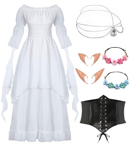 Viktorianisches Gothic Kleider Damen Mittelalter Kleidung Renaissance Kostüm Frauen Abendkleid Vintage Weißes Kleider Karneval Halloween Outfit mit Elfenohren Haarschmuck Socken Korsett VL029M von Velmawig