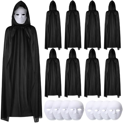 Velmitten 16-teiliges schwarzes Umhangmasken-Set, 8 schwarze Umhänge für Erwachsene mit Kapuze und 8 Vollgesichtsmasken, unsichtbarer Umhang für Erwachsene, Halloween, Kostüm, Cosplay, Karneval, Party von Velmitten