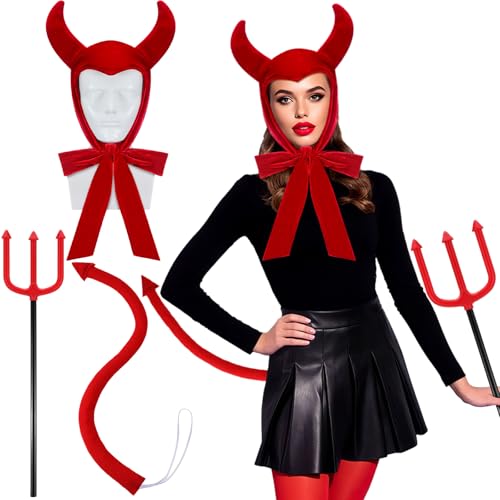 Velmitten Halloween-Kostüm-Zubehör, Dämonenhornhaube, rote Heugabel mit Schwanz, für Damen, Halloween, Cosplay, Party von Velmitten