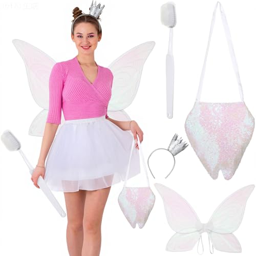 Velmitten Halloween-Zahnfeenkostüm-Set, Schmetterlingsflügel, Krone, Stirnband, Tutu, Rock, Zahntasche und große Zahnbürste, für Erwachsene, Damen, Halloween, Party, Cosplay, mehrfarbig, 5-teilig von Velmitten