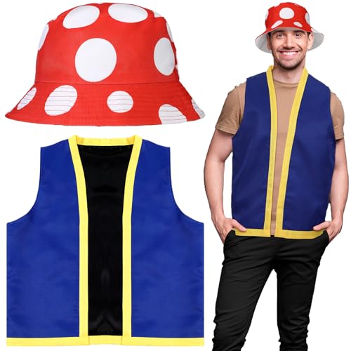 Velmitten Pilz-Kostüm-Set für Erwachsene, gepunkteter Pilzhut, Weste, lustige Cosplay-Outfits für Halloween (Fischerhut, Rot) von Velmitten