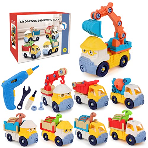 Veluoess Montage LKW Spielzeug,BAU-LKW-Spielzeug mit Elektro-Bohren, Bagger, Zementmischer, Kran, Kipper Dinosaurier Spielzeug Auto Jungen Mädchen 3+ Jahren Geschenke von Veluoess