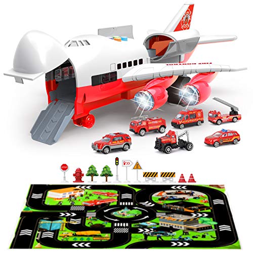 Veluoess Transport Flugzeug Spielzeug, Flugzeugspielzeug mit 6 Mini-Feuerwehrwagen und Szenenspielmatte Auto Flugzeug Spielzeug für Kinder 3+ von Veluoess
