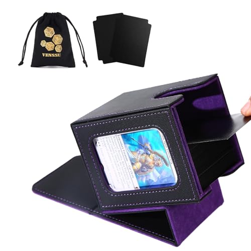Venssu MTG Deck Box mit Commander-Anzeige, Deckbox für 100 doppelt gesleevte Karten, PU-Leder Magnet Sammelkarten Box mit 2 Trennwänden, 1 Würfelbeutel, 1 Toploader (Schwarz und Lila) von Venssu