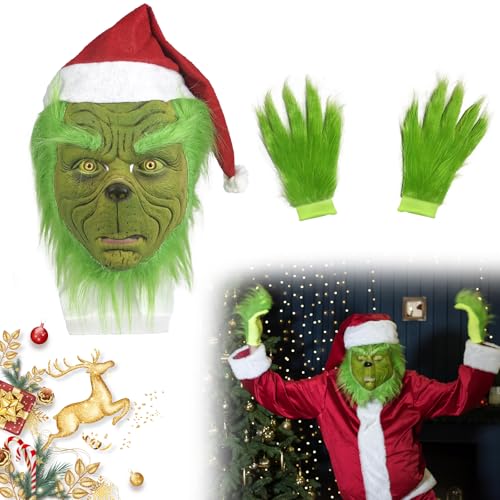 Grin Kostüm Maske mit Weihnachtsmütze und Handschuhen, Grün Gruselige Monster Kopfmaske mit Grünem Pelzigem, Lustiges Christmas Pelziges Kostüm Requisiten für Halloween und Weihnachten Cosplay (A) von Ventufelix