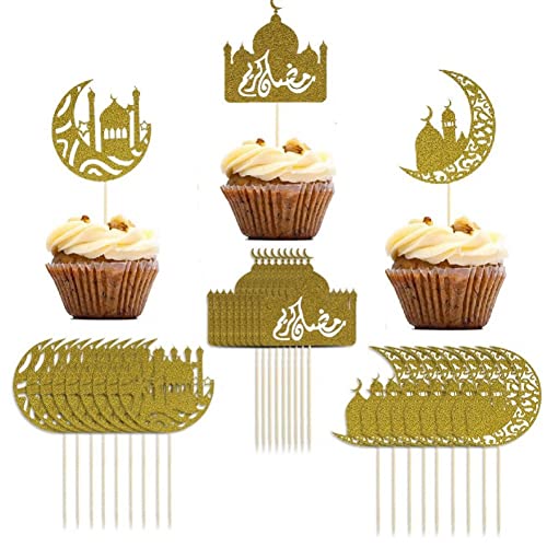 Eid Mubarak Cake Topper 30 Stück Glitter Moon Star Cupcake Topper Dessert Cupcake Picks für islamische muslimische Partyzubehör von Vepoty