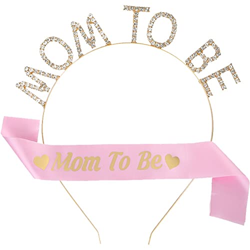 Vepoty Mom to Be Satin Schärpe Tiara Stirnband Set Strass Mom to Be Krone Stirnband Satin Schärpe für Baby Shower Party Dekoration von Vepoty